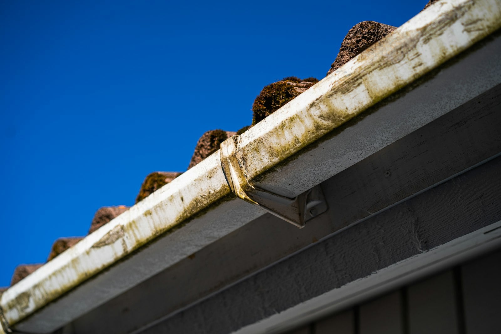 Dirty, overflowing roof gutter against a blue sky